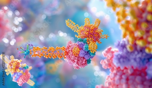 A vibrant, detailed 3D rendering of a molecular structure, possibly depicting DNA transcription or protein synthesis, set against a soft-focus, pastel-colored background