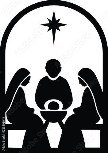 Black and white nativity silhouette illustration, holy family Christmas scene, religious manger art, Bethlehem star, Christian holiday design, minimal vector for seasonal stock