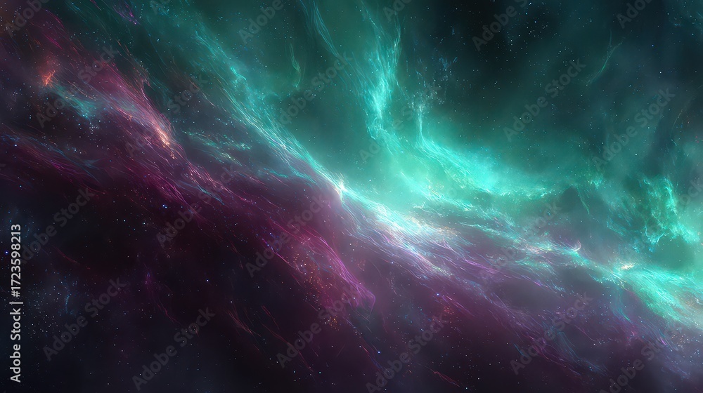 Fototapeta premium Cosmic Nebula Displaying Vibrant Teal And Pink Hues