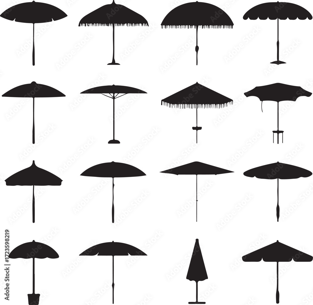 Obraz premium Silhouette Collection of Beach Umbrellas Parasols Sunshades for Summer Vacation and Outdoor Relaxation