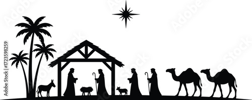 Nativity Scene Silhouette, Black and White Christmas Illustration, Holy Family with Shepherds and Wise Men, Religious Holiday Vector Art, Bethlehem Star Design