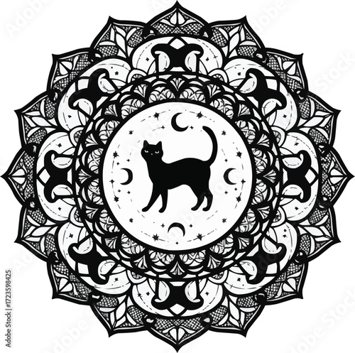 Mystical Black Cat in Celestial Mandala with Moons and Stars for Halloween and Witch Design