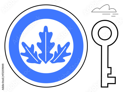 Blue oak leaves enclosed in a circle, paired with a vintage key and a small cloud. Ideal for nature, security, heritage, eco themes, growth, simplicity, freedom and minimalistic design as a simple