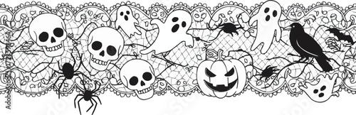 Gothic Halloween Seamless Lace Design with Ornate Skulls, Ghosts, Pumpkins, and Spider Web Motifs