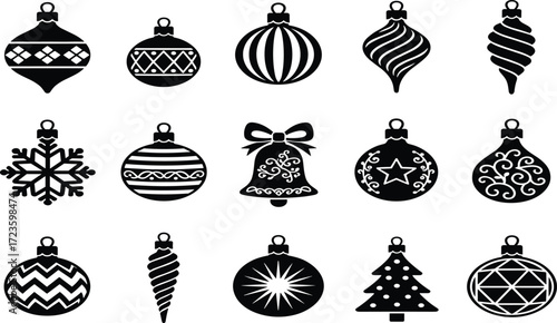 Christmas ornament icons, festive holiday decorations, vector set of decorative balls, bells, stars, snowflakes, tree shapes, seasonal graphic illustration