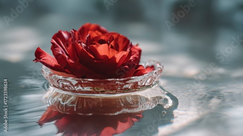 Surreal red rose floating in crystal-clear water with reflections