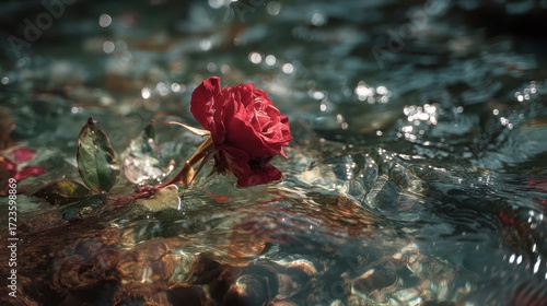 Surreal red rose floating in crystal-clear water with reflections
