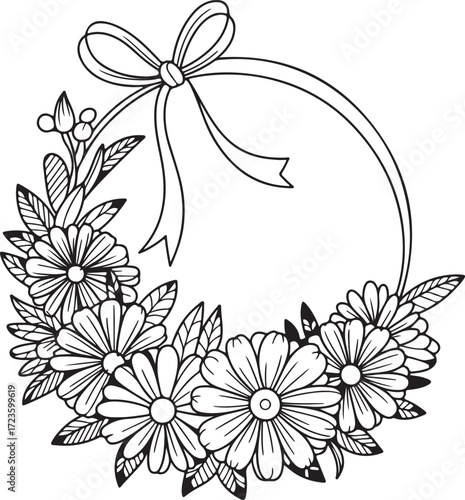 Daisy Flower Circle Frame with Ribbon Vector Illustration for Springtime Decoration Projects