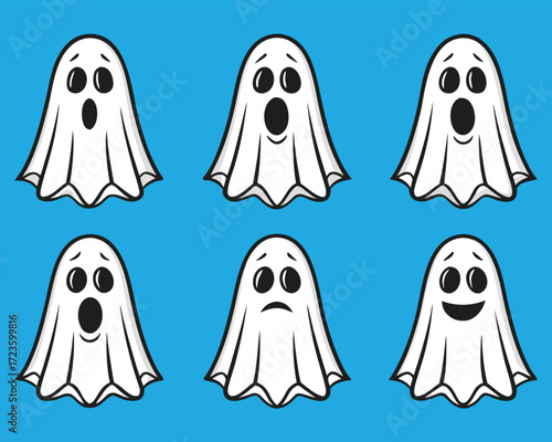 Cute Cartoon Ghosts with Different Facial Expressions on a Blue Background for Halloween