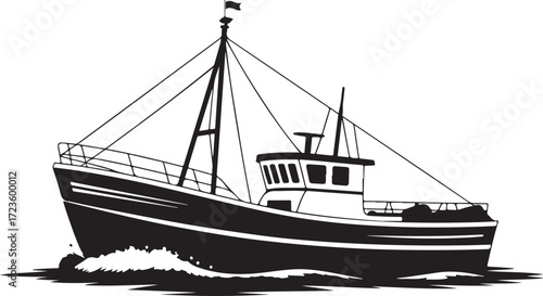 Detailed Silhouette of a Fishing Boat on Water Against a Transparent Background for Nautical Projects