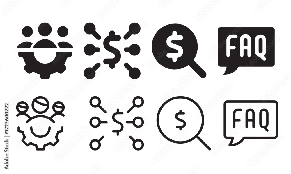 Fototapeta premium Business and finance icons showing team, network, search, and frequently asked question