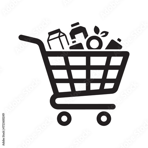 Shopping cart full of groceries icon. Black glyph symbol for supermarket, retail, purchase, and online store.
