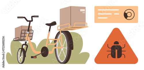 Cargo tricycle carrying packages next to a warning sign with a bug symbol and analytical chart. Ideal for sustainability, delivery, warnings, eco-transport, logistics, environment, simple flat