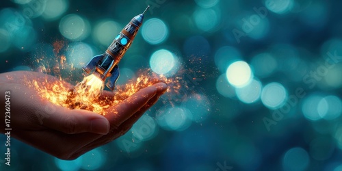 The rocket ignites in a hand, symbolizing dreams and limitless potential.