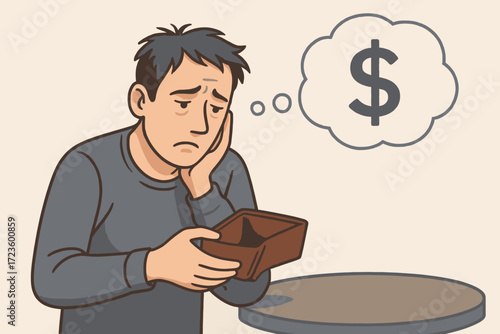 Man sadly looking into an empty wallet. Concept of financial loss, poverty, lack of funds, and economic hardship.
