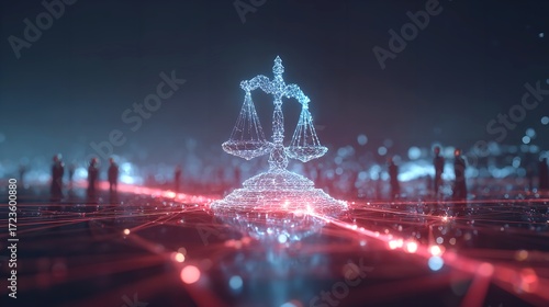 Digital scales of justice glowing with futuristic promise seeking equilibrium in an age of advancing technology with red
