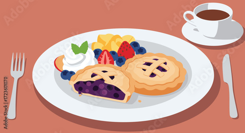 A delightful breakfast spread featuring fruit tarts with fresh berries and a side of whipped cream.
