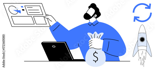 Professional examining data chart, clutching money bag next to laptop, rocket launch, and refresh sign. Ideal for finance, entrepreneurship, investment, success innovation analytics growth. Simple