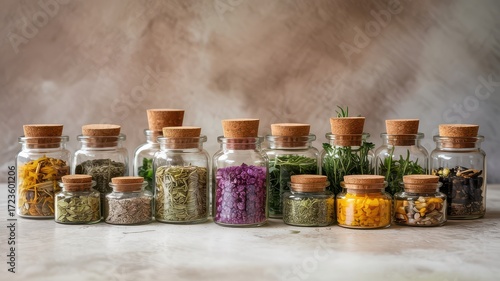 Collection Apothecary Glass Jars Cork Lids Filled with Various Dried Herbs Spices Seeds Flowers Displayed on Light Surface Herbalism Pantry Storage