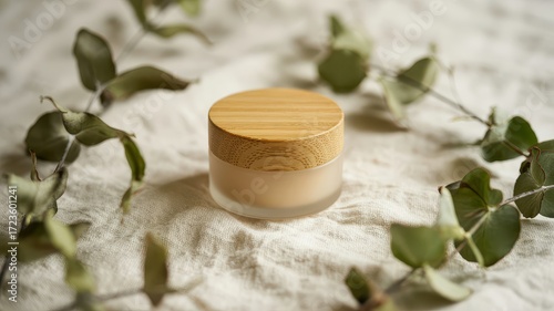 Natural Cosmetic Mockup Frosted Glass Jar with Bamboo Lid Surrounded by Dried Eucalyptus Leaves on Textured White Linen Cloth Background Eco Beauty Product
