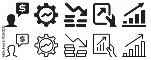 Business and finance icons showing growth, loss, and financial management