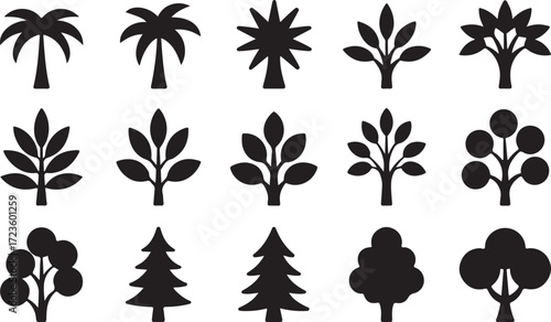 Silhouette Tree Collection Vector Art Illustration Set: Diverse Foliage and Evergreen Shapes for Landscape Elements