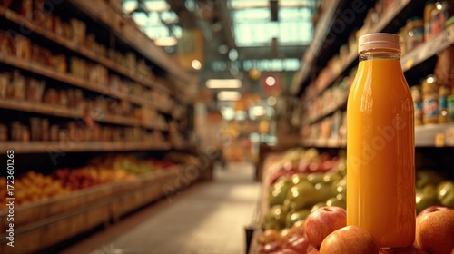 Orange Juice Bottle in Supermarket Aisle