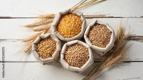 Top View Assorted Grains Corn Kernels Wheat Berries Barley in Small Burlap Sacks with Wheat Stalks on White Wooden Plank Background Rustic Farm Harvest
