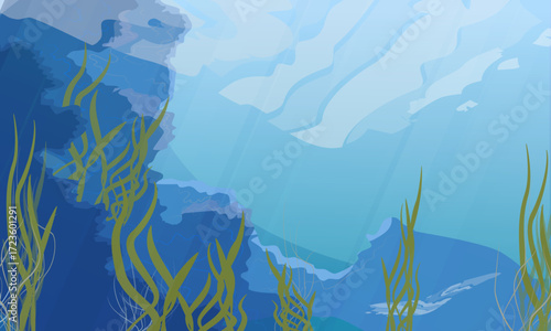 Underwater rocks surrounded by green, long seaweed. Marine underwater vector landscape.