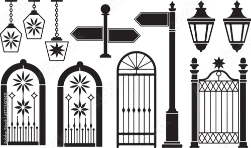 Decorative Ironwork Silhouette Vector Collection: Gates, Signage, and Lanterns for Architectural Illustrations