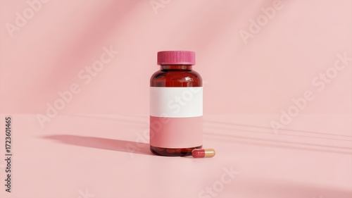 Supplement Mockup Amber Glass Pill Bottle Pink Cap Blank Pink White Label Single Capsule Leaf Shadows on Pink Background Vitamins Health Product Feminine