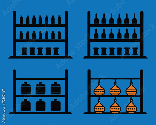 Illustration of Shelves Containing Assorted Bottles, Jars and Containers with Blue Background