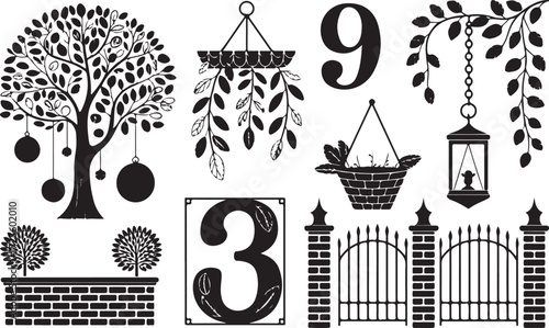 Enchanting Garden Silhouettes A Collection of Trees, Hanging Plants, Numbers, and Gate Elements