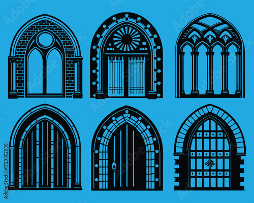 Vector Illustration of Six Gothic Arch Window Designs for Architectural Inspiration