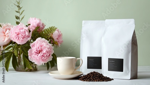 Two white coffee bags, pink peonies, and a cup of coffee