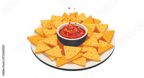 Delicious tortilla chips with a spicy tomato salsa dip for a party snack.