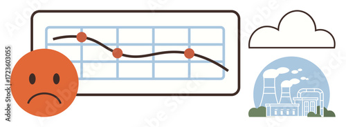Downward line graph symbolizing negative trends, sad emotion for concern, factory emitting smoke, and cloud. Ideal for environment, pollution, climate change, economics, sustainability awareness