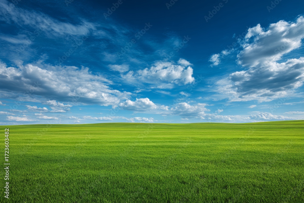Obraz premium Vast green grassland under a clear blue sky with scattered white clouds