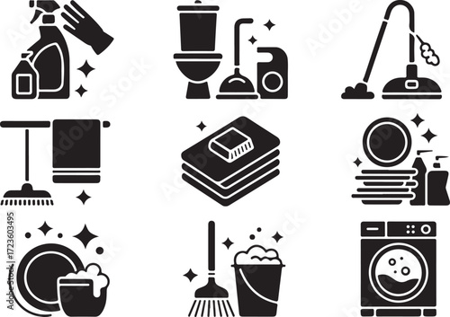 Cleaning Icons Set with Household Chores and Hygiene Symbols Vector Illustration