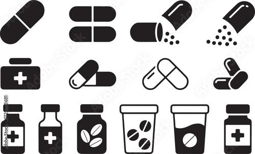 Pharmaceutical Medication Capsule Pill and Bottle Vector Icon Set on Transparent Background