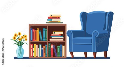 Cozy reading nook with a blue armchair and a bookshelf full of books.
