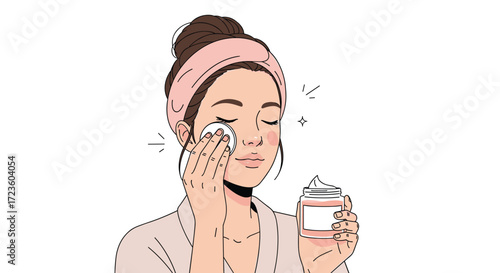 Young woman gently applying skincare product to her eye area with a cotton pad.