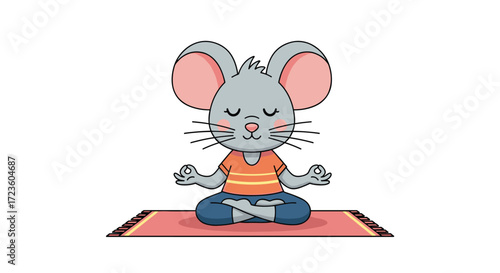 Cute cartoon mouse doing yoga meditation on a mat in a peaceful pose.