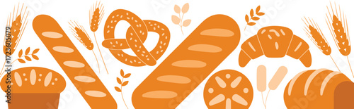 Bakery Bread Wheat Vector Icon Set on Transparent Background for Food Industry