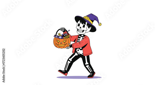 A skeletal child dressed as a witch with a pointed hat holds a basket of candies for Halloween.