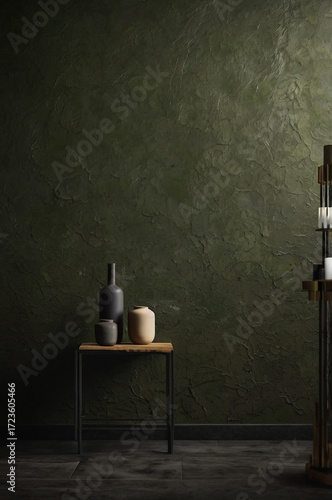 Dark olive textured wall with a rough surface and artistic plaster finish, ideal for background design. High-resolution bitmap image.
