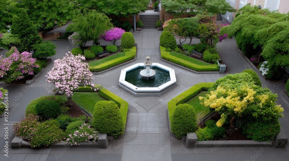 Fototapeta premium Serene Garden Landscape with Fountain Surrounded by Colorful Flowering Plants and Trimmed Greenery