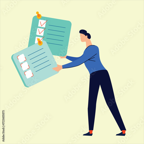 Man holds in hands task card with check marks vector illustration