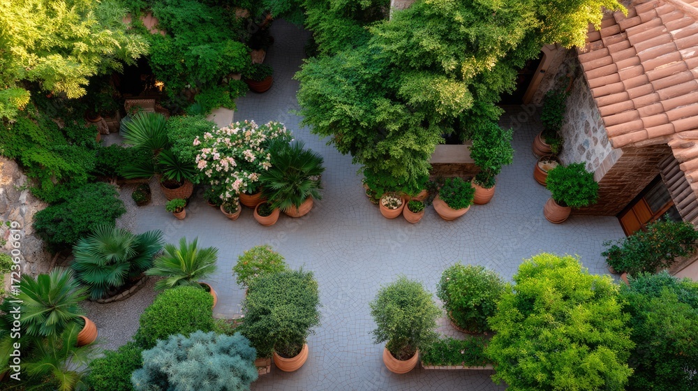 Fototapeta premium Lush Greenery and Decorative Pots in Serene Courtyard Surrounded by Nature's Beauty