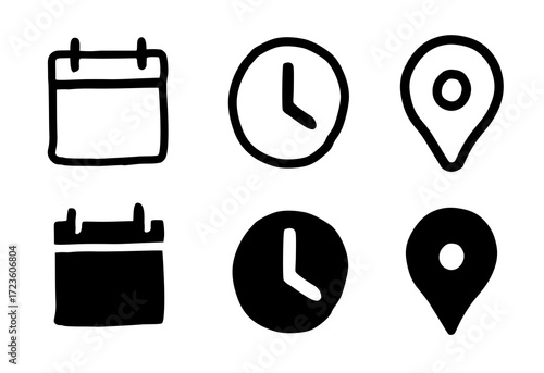 Date Time Location Hand Drawn Doodle Icons